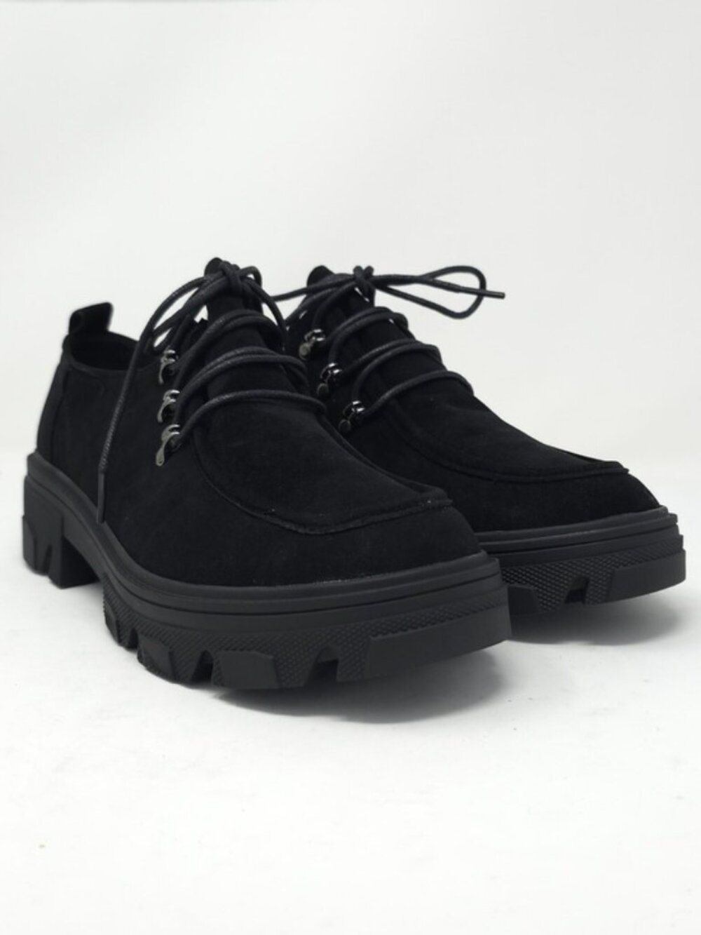 Black Faux Suede Chunky Platform Oxford Casual Lace Up Lug Sole - Picture 2 of 12